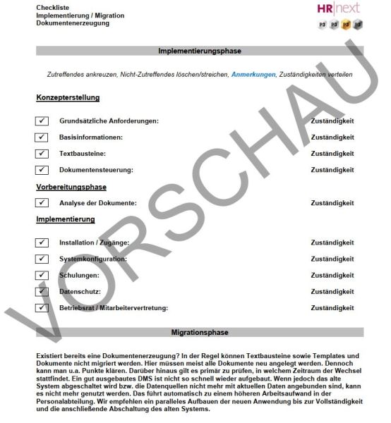 Checkliste Dokumentenerzeugung: Implementierung / Migration