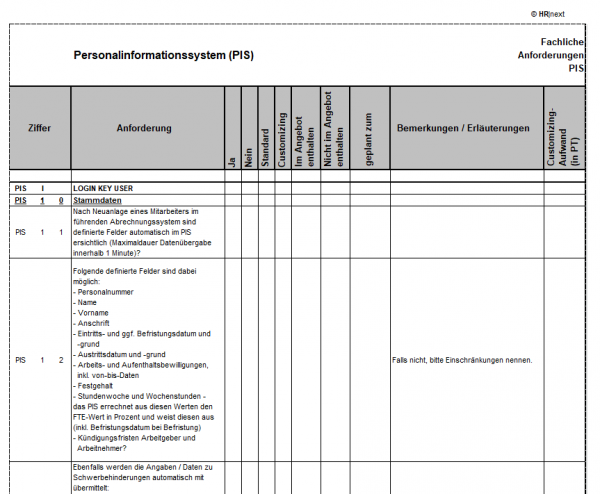 Fachanforderungen Personalinformationssystem